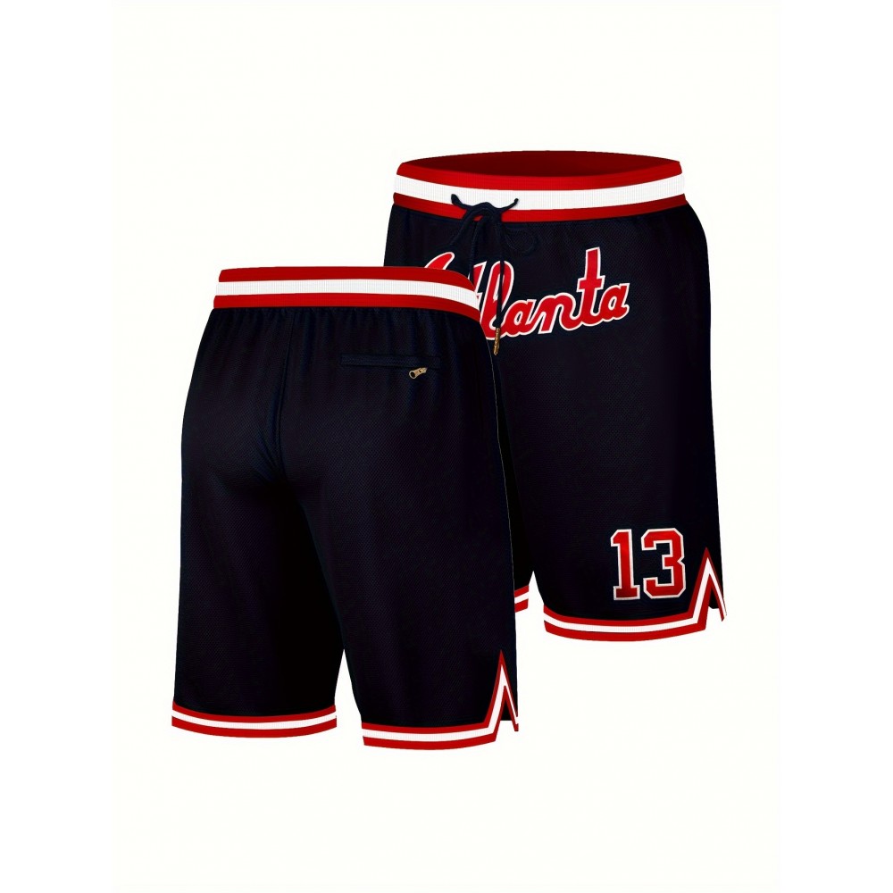 [Breathable Atlanta Shorts] Breathable Blue Atlanta-Inspired Shorts - Men's #13 Classic Embroidered Lettering, Elastic Waistband with Striped Accents - Ideal for Training & Competitive Play