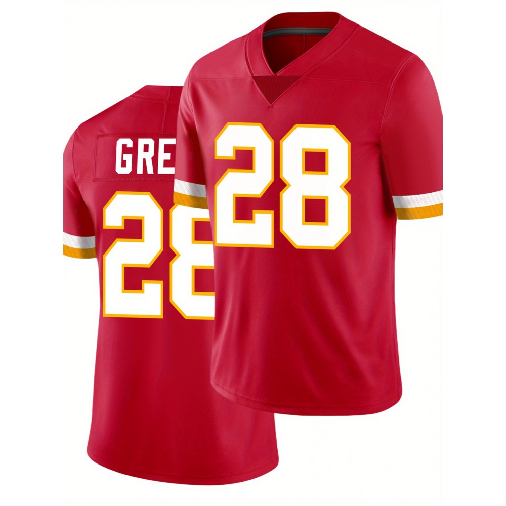 Men's Red #28 Breathable Rugby Jersey - Embroidered American Football V-Neck Short Sleeve Shirt, Loose Fit All-Season Training & Match Uniform for Sports, Outdoor Activities & Casual Wear, Durable Sportswear Men's Red #28 Breathable Rugby Jersey - Embroidered American Football V-Neck Short Sleeve Shirt, Loose Fit All-Season Training & Match Uniform for Sports, Outdoor Activities & Casual Wear, Durable Sportswear
