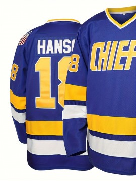 Blue V-Neck Embroidered Men's #18 Ice Hockey Jersey - Long Sleeve, Breathable & Stylish for Sports and Casual Wear