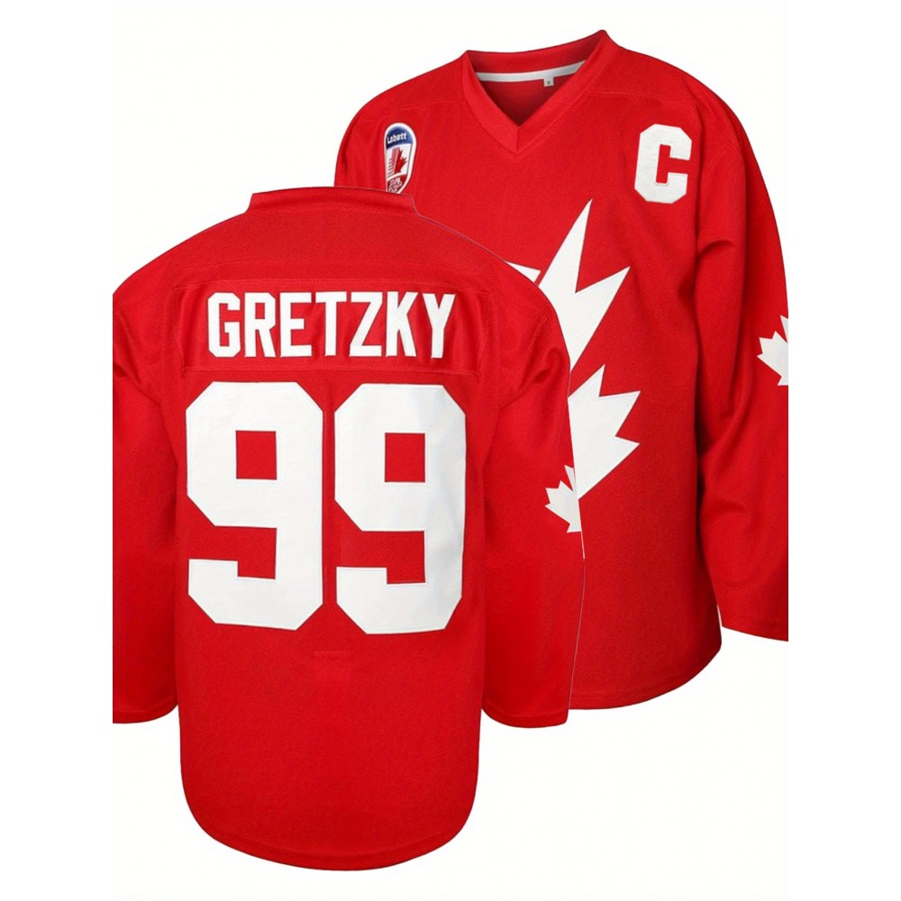 Men's Red #99 Maple Ice Hockey Sweatshirt - Breathable Loose Fit V-Neck with Gretzky Embroidered Design & Canadian Maple Leaf, Sporty Casual Streetwear for All Seasons, Machine Washable, Seasonal Attire, Embroidered Detailing Men's Red #99 Maple Ice Hockey Sweatshirt - Breathable Loose Fit V-Neck with Gretzky Embroidered Design & Canadian Maple Leaf, Sporty Casual Streetwear for All Seasons, Machine Washable, Seasonal Attire, Embroidered Detailing