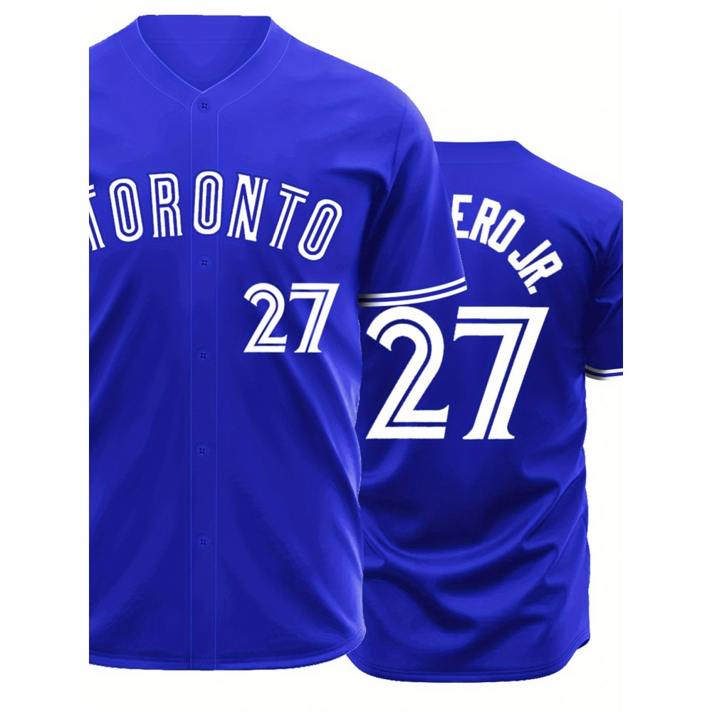 Men's Royal Blue Toronto #27 Baseball Shirt - Breathable Loose Fit V-Neck Embroidered Jersey, Button-Up Casual Sportswear for Outdoor Activities, Running & Daily Wear, All-Season Comfort, Sports Apparel, Sporty Design, Embroidered Detailing Men's Royal Blue Toronto #27 Baseball Shirt - Breathable Loose Fit V-Neck Embroidered Jersey, Button-Up Casual Sportswear for Outdoor Activities, Running & Daily Wear, All-Season Comfort, Sports Apparel, Sporty Design, Embroidered Detailing