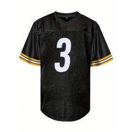 Men's Black #3 Embroidered American Football Jersey - Loose Fit Breathable V-Neck Rugby Top with Yellow Accents, All-Season Casual Streetwear for Sports & Outdoor Activities, Durable Sportswear
