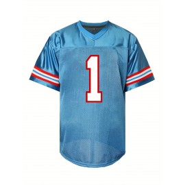 Men'S Moon Blue # 1 American Football Shirt Loose Embroidered Sports, Fashionable, Casual, Street Breathable Rugby Top