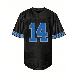 Men's Black #14 Embroidered American Football Jersey - Loose Fit Breathable V-Neck Rugby Top with Blue & White Stripes, All-Season Casual Streetwear for Sports & Outdoor Activities, Athletic Leisure Wear