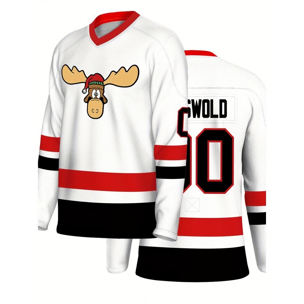 Men'S White # 00 Christmas Deer Ice Hockey Sweatshirt, Loose Embroidered Long Sleeves, Sporty, Fashionable And Casual, Breathable On The Street