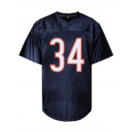 Men'S Deep Blue # 34 Breathable Rugby Shirt, Sports V-neck Short Sleeve Training Match Uniform, Embroidered American Football Shirt