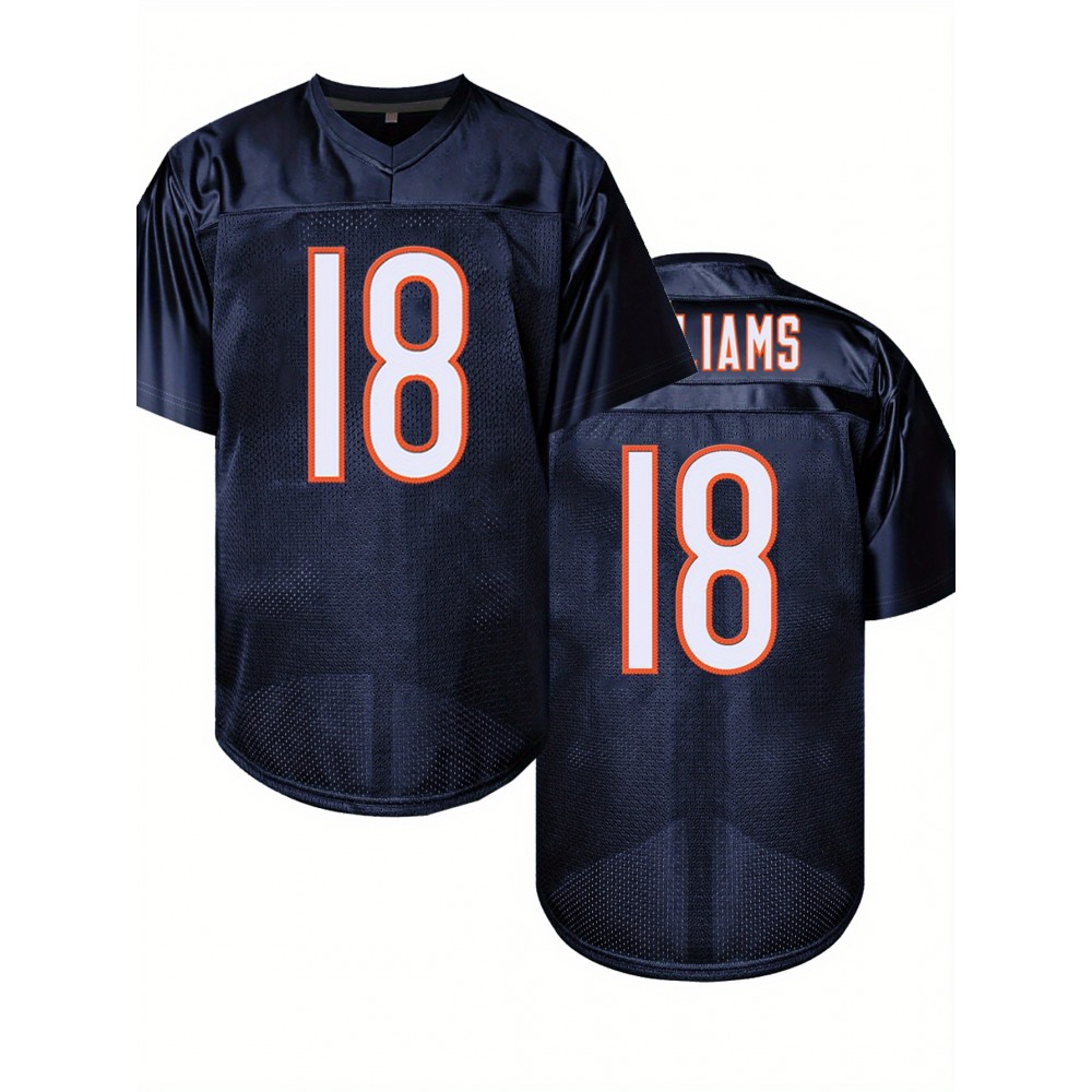 Men's Navy Blue #18 Breathable American Football Jersey - V-Neck Short Sleeve Embroidered Rugby Shirt, Loose Fit All-Season Training & Casual Wear, Machine Washable Sportswear Men's Navy Blue #18 Breathable American Football Jersey - V-Neck Short Sleeve Embroidered Rugby Shirt, Loose Fit All-Season Training & Casual Wear, Machine Washable Sportswear