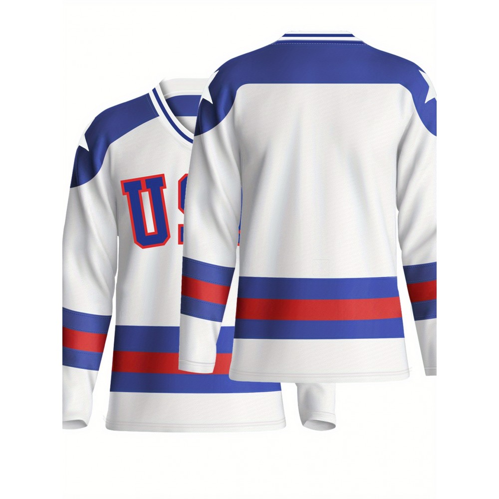 Men's U.S.A. Embroidered Ice Hockey Jersey - White, Blue & Red Striped V-Neck Sweatshirt, Loose Fit, Breathable Polyester for Sports, Casual Wear & Outdoor Activities, Outdoor Activewear | Casual Hockey Jersey | Embroidered Detailing Men's U.S.A. Embroidered Ice Hockey Jersey - White, Blue & Red Striped V-Neck Sweatshirt, Loose Fit, Breathable Polyester for Sports, Casual Wear & Outdoor Activities, Outdoor Activewear | Casual Hockey Jersey | Embroidered Detailing