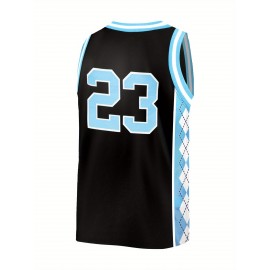 Men'S Blue Black Spliced Diamond Grid Basketball Top # 23 Classic Retro Embroidered Letter Sleeveless Sweat wicking Breathable Tank Top Basketball Suit