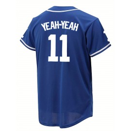 Men'S Blue # 11 Baseball Shirt, Classic Letter Embroidery Design, Button Style Short Sleeved Breathable Shirt, for Training And Competition Use