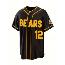 Men's Black # 12 Baseball Shirt, Classic Letter Embroidery Design, Button Style Short Sleeved Breathable Shirt, Suitable For Training And Competition Use