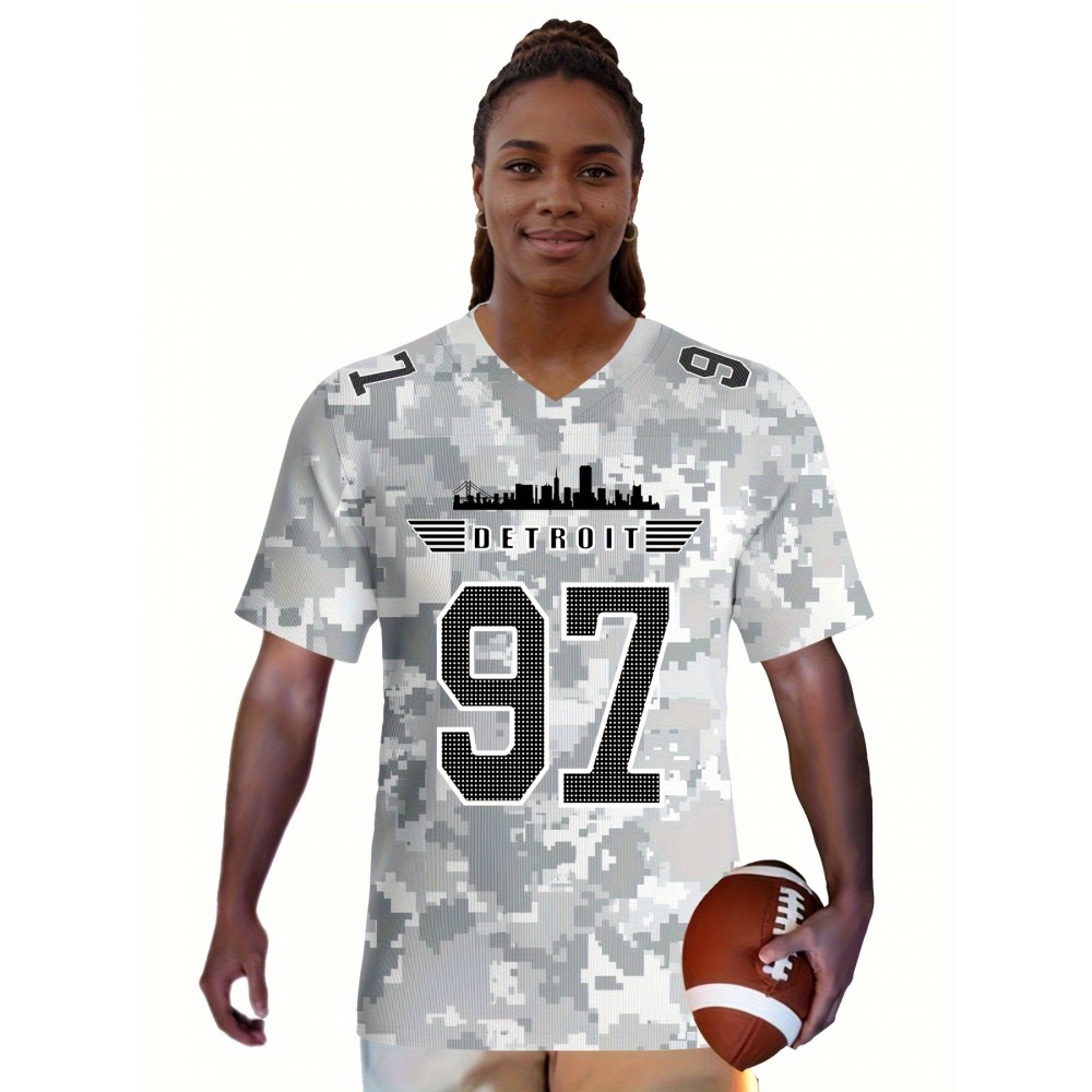 Large Size Women's Arctic Camo Detroit #97 Polyester Football Jersey, Women V-Neck Game Day Sports Shirt With Slight Stretch, Breathable Casual Knit Fabric, Loose Fit Adult, Fans Gift Women, For Casual, Party, And Training Wear