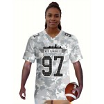 Large Size Women's Arctic Camo Detroit #97 Polyester Football Jersey, Women V-Neck Game Day Sports Shirt With Slight Stretch, Breathable Casual Knit Fabric, Loose Fit Adult, Fans Gift Women, For Casual, Party, And Training Wear