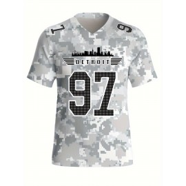 Large Size Women's Arctic Camo Detroit #97 Polyester Football Jersey, Women V-Neck Game Day Sports Shirt With Slight Stretch, Breathable Casual Knit Fabric, Loose Fit Adult, Fans Gift Women, For Casual, Party, And Training Wear