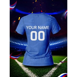 [Women's Soccer Jersey] Customized Women's V-Neck Soccer Jersey - Personalized Team Training Sports Shirt, Comfortable, Breathable, Quick-Dry for Fitness & Casual Wear, Blue with White & Yellow Graphics, Spring/Summer/Fall