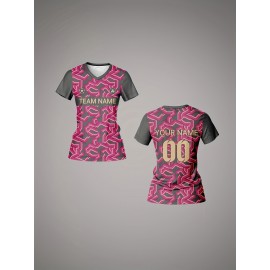 Custom Women's V-Neck Football Jersey - Personalized Name & Number, Pink & Black Abstract Print, Breathable Polyester, Quick-Dry for Sports, Fitness & Casual Wear, Fitness Apparel | Personalized Sports Top | Smooth Fabric Shirt