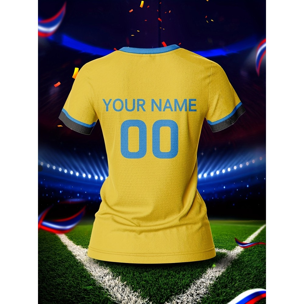 Custom Name and Number Women'S V-Neck Football Jersey, Sports Style, Polyester, Slight Stretch, All Over Print, Regular Length, Spring/Summer/Fall, Knit Fabric, 210 g/m² Custom Name and Number Women'S V-Neck Football Jersey, Sports Style, Polyester, Slight Stretch, All Over Print, Regular Length, Spring/Summer/Fall, Knit Fabric, 210 g/m²