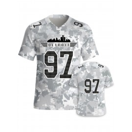 Large Size Women's Arctic Camo Detroit #97 Polyester Football Jersey, Women V-Neck Game Day Sports Shirt With Slight Stretch, Breathable Casual Knit Fabric, Loose Fit Adult, Fans Gift Women, For Casual, Party, And Training Wear