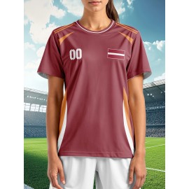 Customizable Women'S Plus Size Football Jersey - Personalized Name & Number, Maroon & Orange Soccer Training Shirt with White Accents, Breathable Summer Sportswear for Casual & Team Activities, Soccer Accessories, Durable Fabric